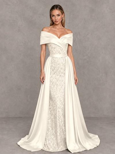 BOLODOO Ivory Sequin Mermaid Evening Dress with Detachable Satin Overskirt and Sweep Train - Ivory - Ivory_1