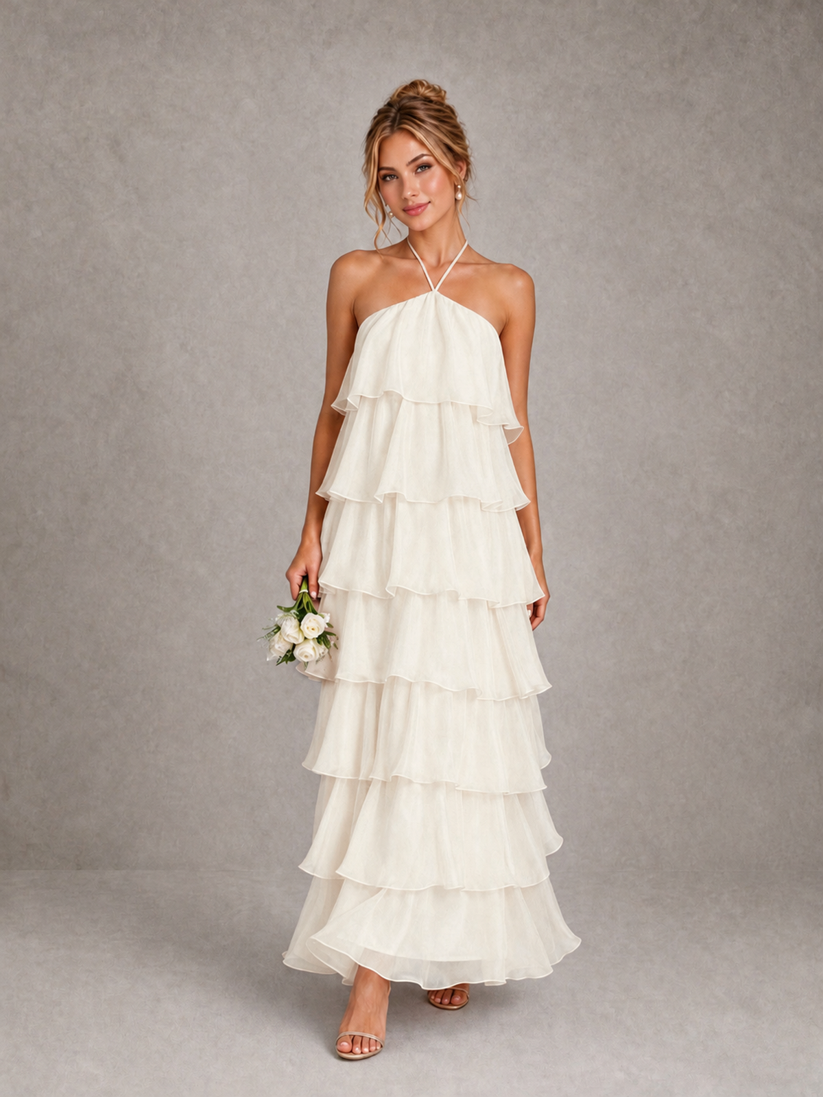 BOLODOO Ivory Halter Tiered Ruffle Maxi Bridesmaid Dress - Ivory - Ivory_1