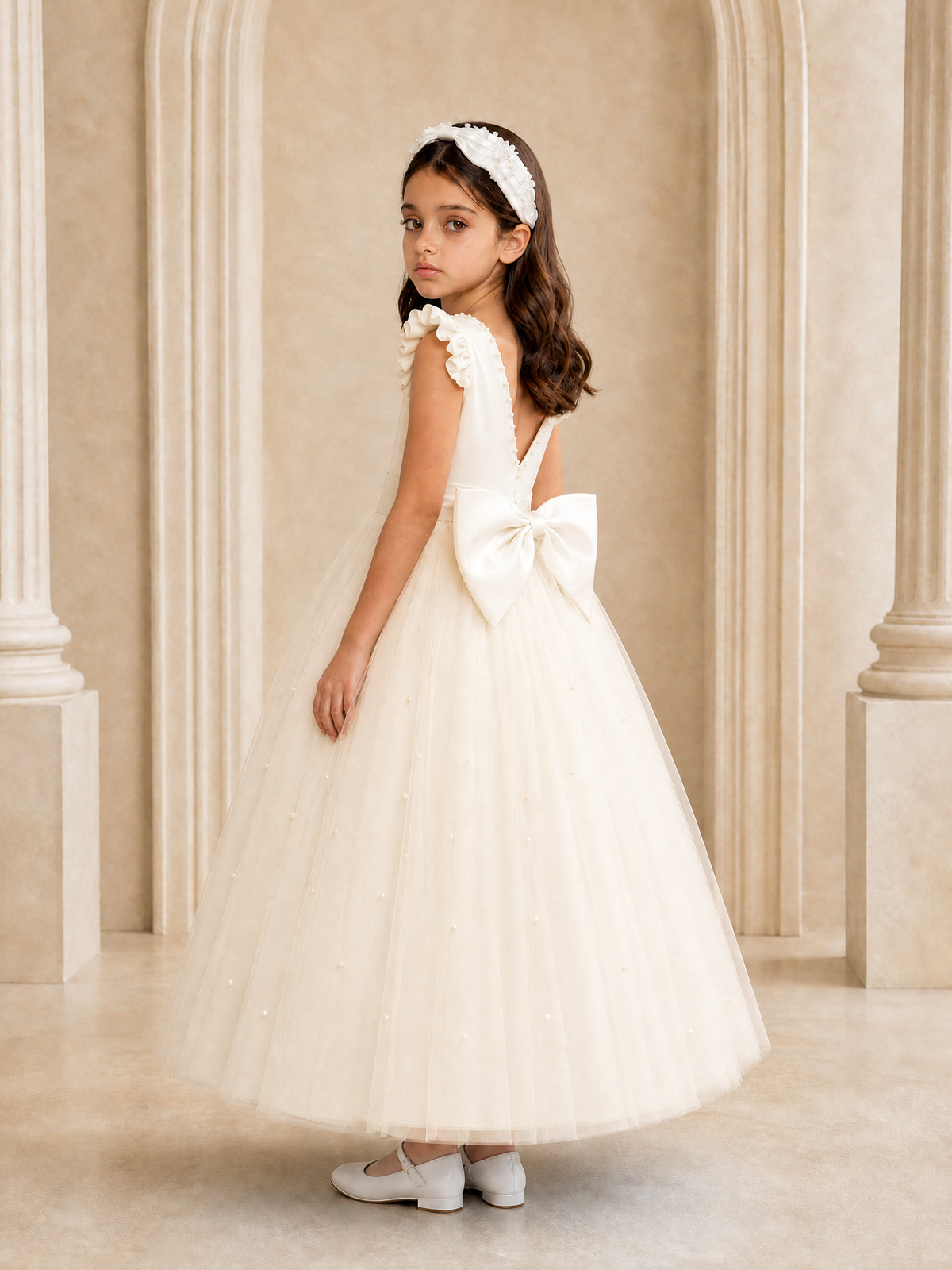 BOLODOO Ivory Tulle Flower Girl Dress with Ruffle Sleeves & Bow Back - Ivory - Ivory_1