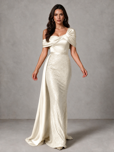BOLODOO Ivory Sequin Mermaid Evening Dress with Off-Shoulder Satin Drape and Sweep Train - Ivory - Ivory_1