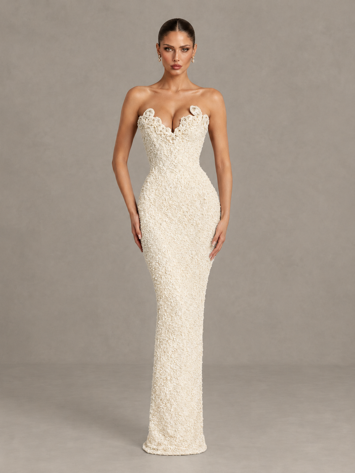 BOLODOO Ivory Strapless Sequin Evening Gown with Floral Neckline - Ivory - Ivory_1