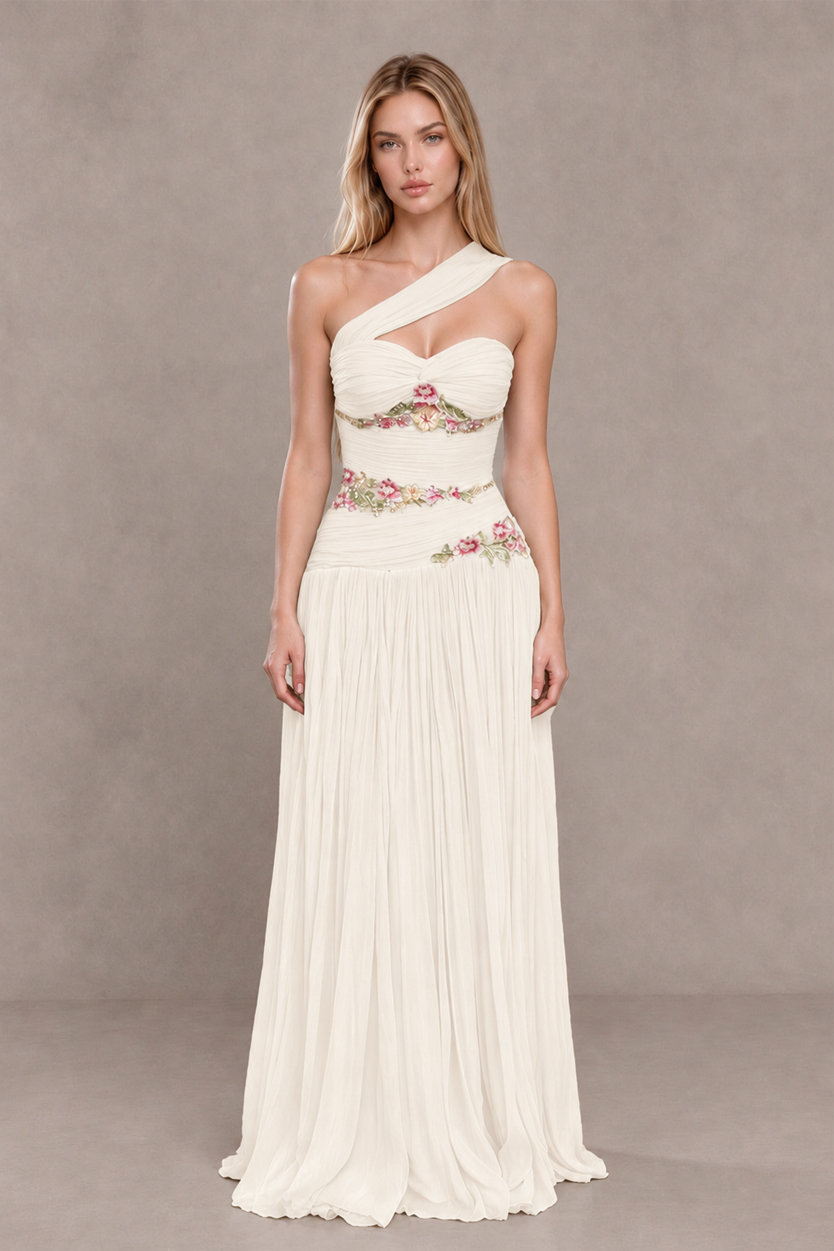 BOLODOO Ivory One-Shoulder Floral Applique A-Line Evening Dress - Ivory - Ivory_1