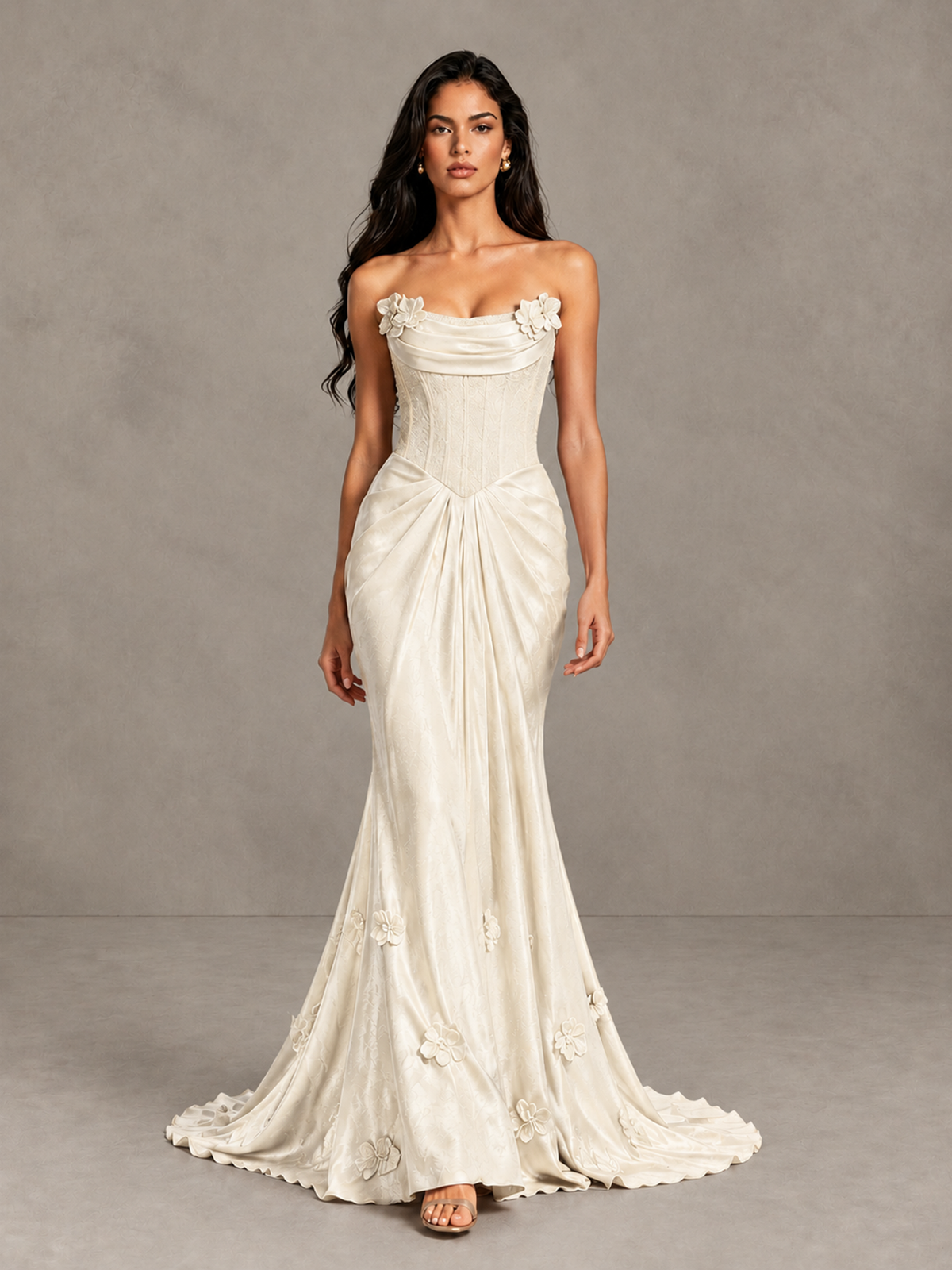 BOLODOO Ivory Strapless Floral Corset Evening Gown with Train - Ivory - Ivory_1