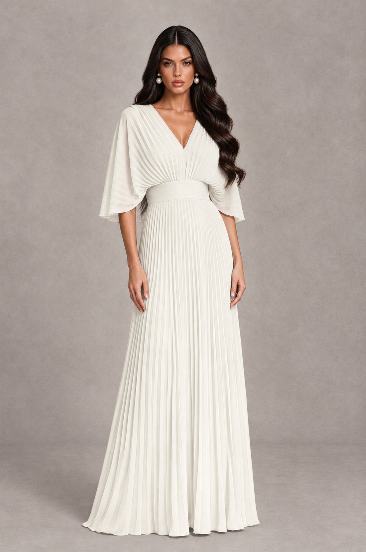 BOLODOO Ivory V-Neck Pleated Flutter Sleeve Formal Dress - Ivory - Ivory_1