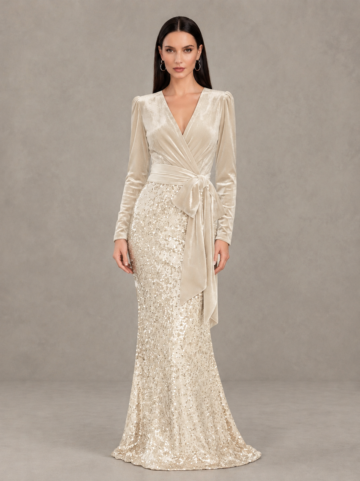 BOLODOO Ivory Velvet & Sequin Long Sleeve V-Neck Mermaid Evening Gown - Ivory - Ivory_1