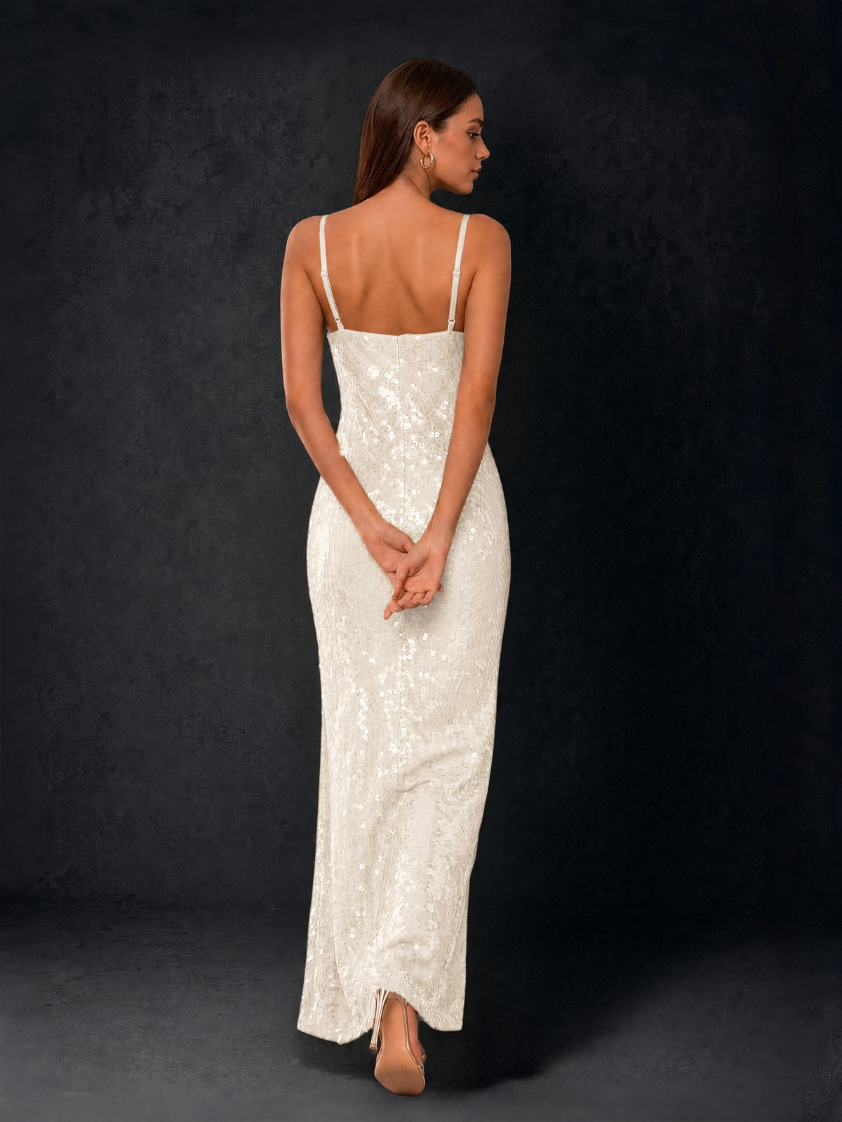 BOLODOO Bronze Sequin Cowl Neck Spaghetti Strap Mermaid Maxi Dress with Open Criss-Cross Back - Ivory - Ivory