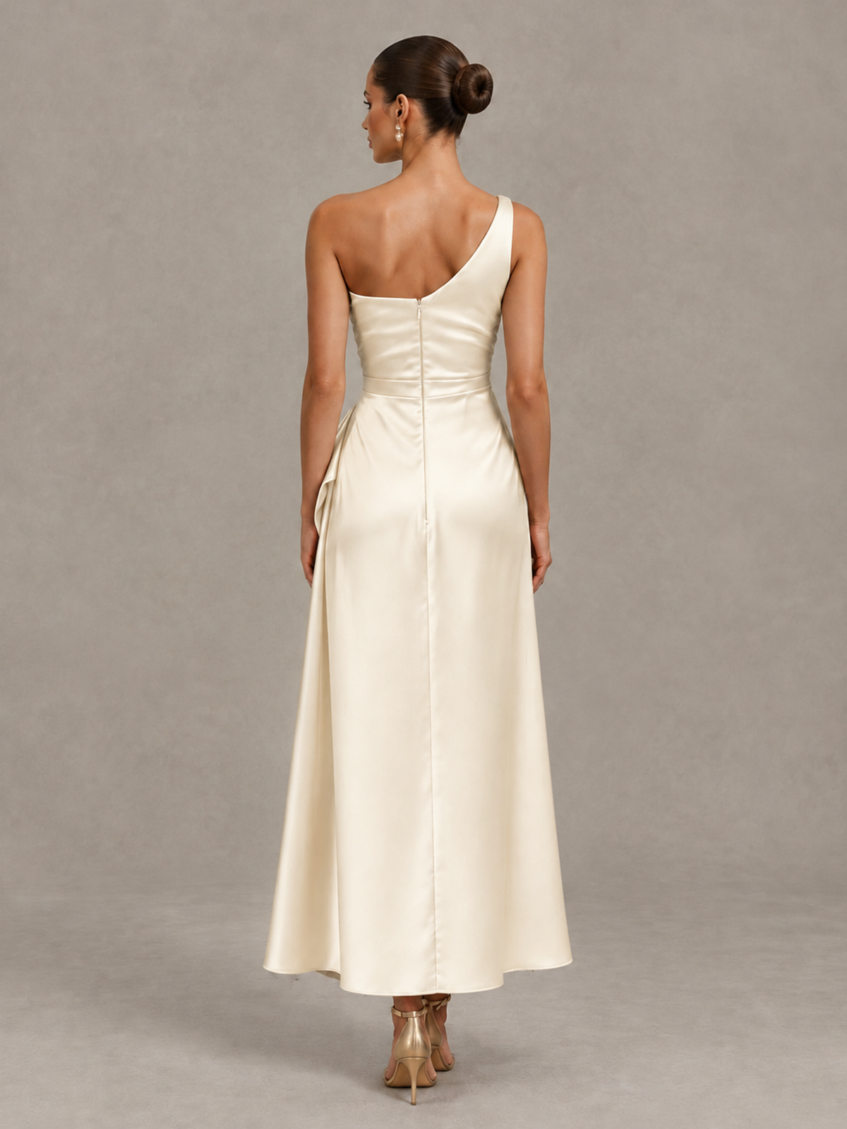BOLODOO Ivory One Shoulder Satin Cocktail Dress with Draped A-Line Skirt - Ivory - Ivory_2