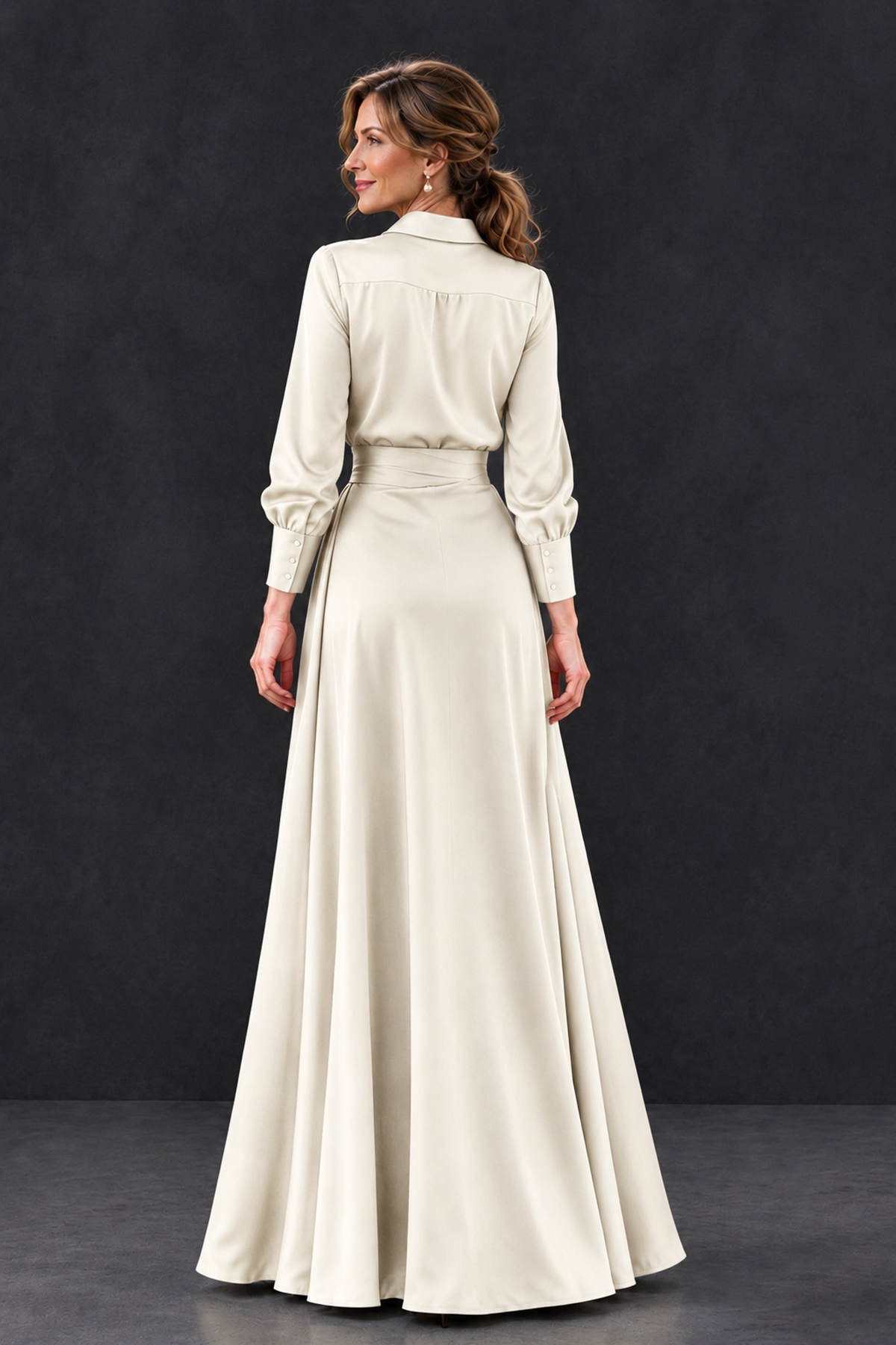 BOLODOO Ivory Long Sleeve Satin-Look Lace Panel Gown - Ivory - Ivory_2