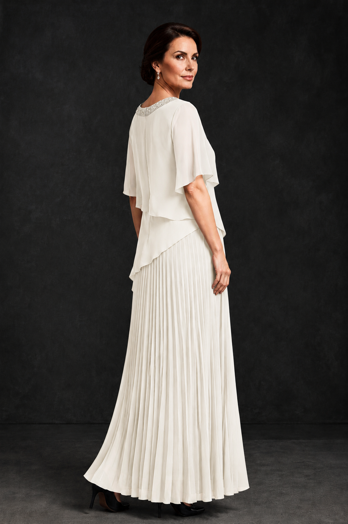 BOLODOO Ivory Pearl Beaded Neck Asymmetric Tiered Flutter Sleeve Pleated Chiffon Maxi Dress - Ivory - Ivory_2