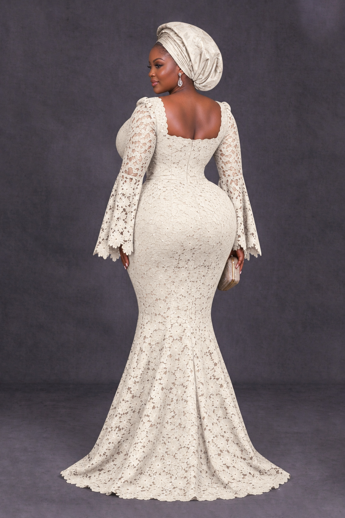 BOLODOO Ivory African Lace Mermaid Dress, Plus Size Nigerian Wedding Guest Gown with Bell Sleeves - Ivory - Ivory_2