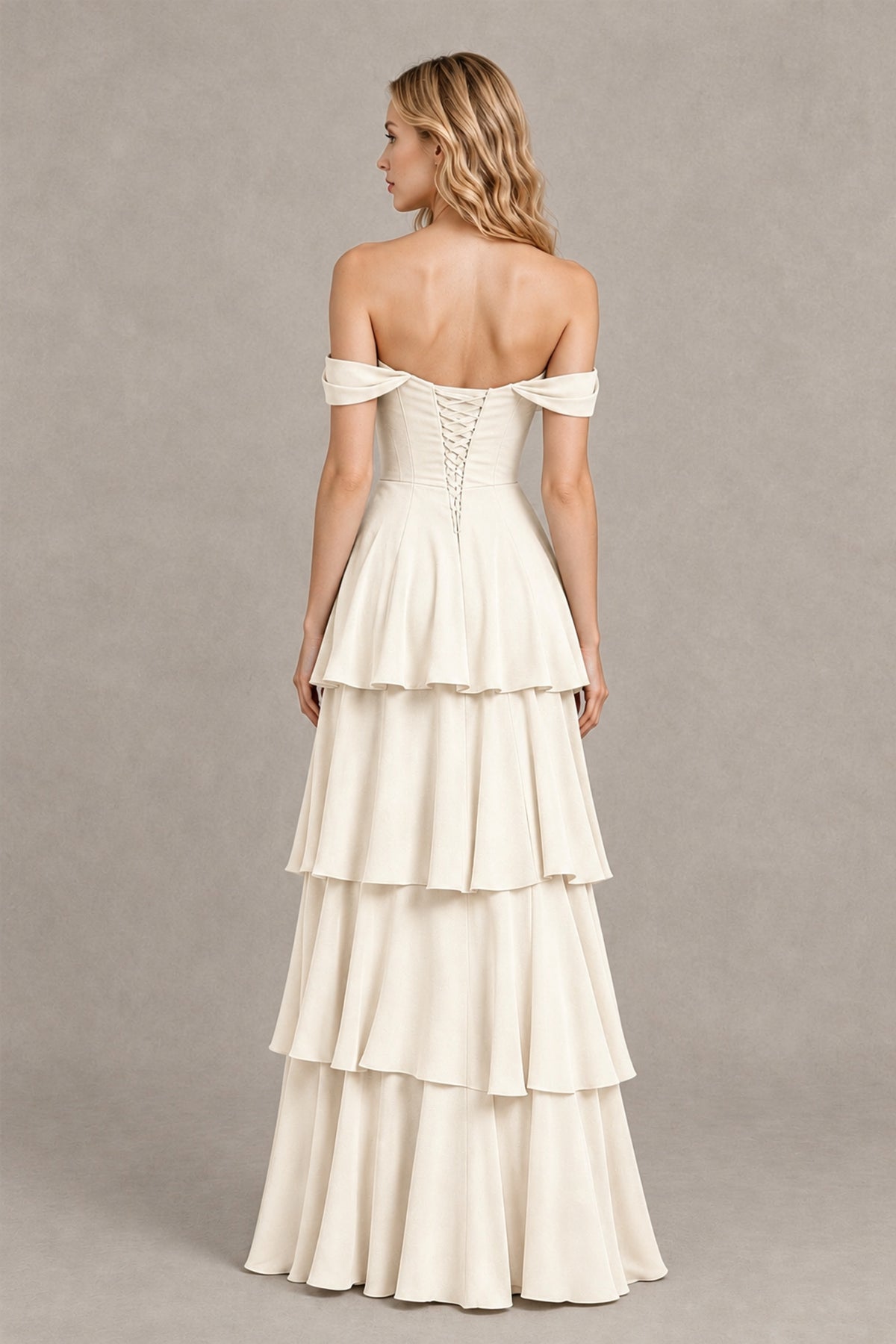 BOLODOO Ivory Off-the-Shoulder Tiered A-Line Evening Bridesmaid Dress - Ivory - Ivory_2