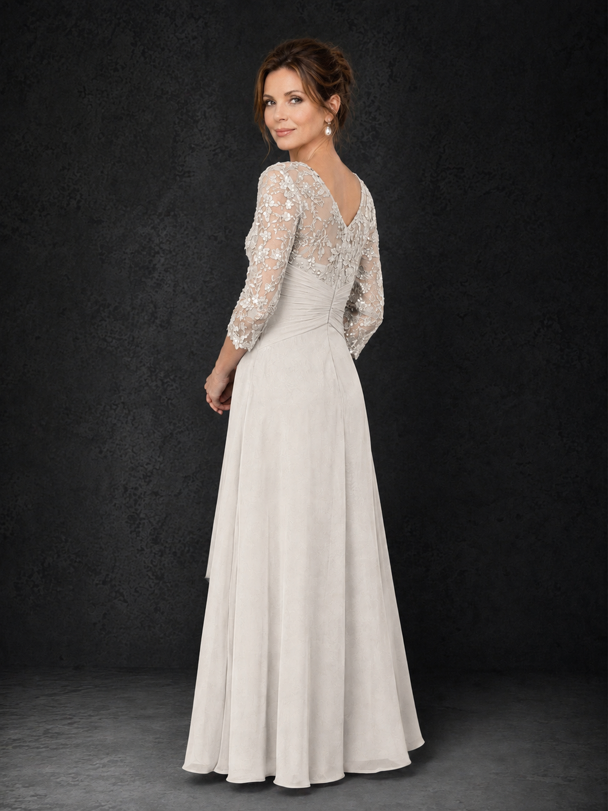 BOLODOO Ivory Sequin Lace & Chiffon Tea-Length Mother of the Bride Dress with 3/4 Sleeves - Ivory