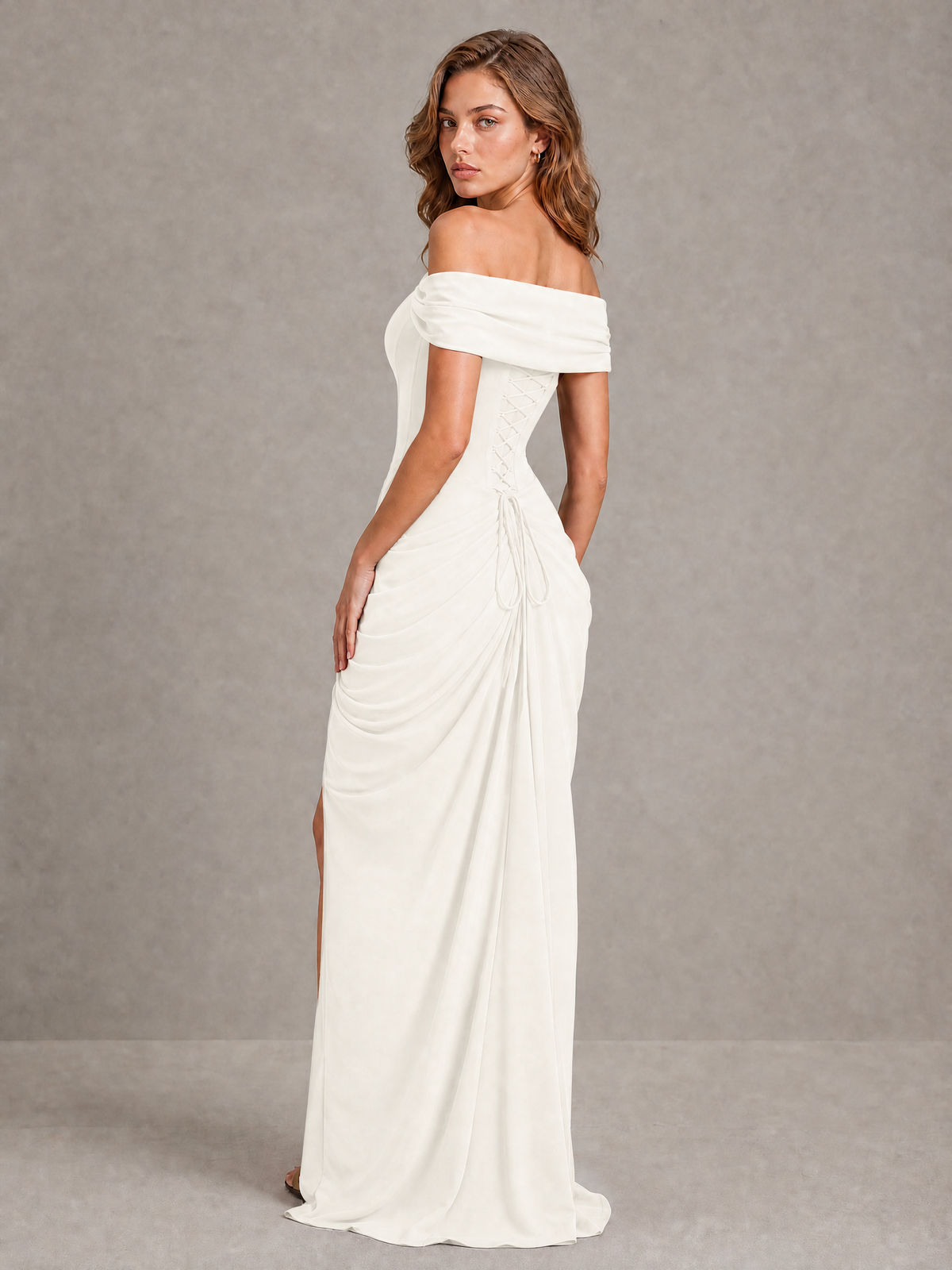 BOLODOO Ivory Off-Shoulder Ruched Corset Wedding Guest Dress with Slit - Ivory - Ivory_2
