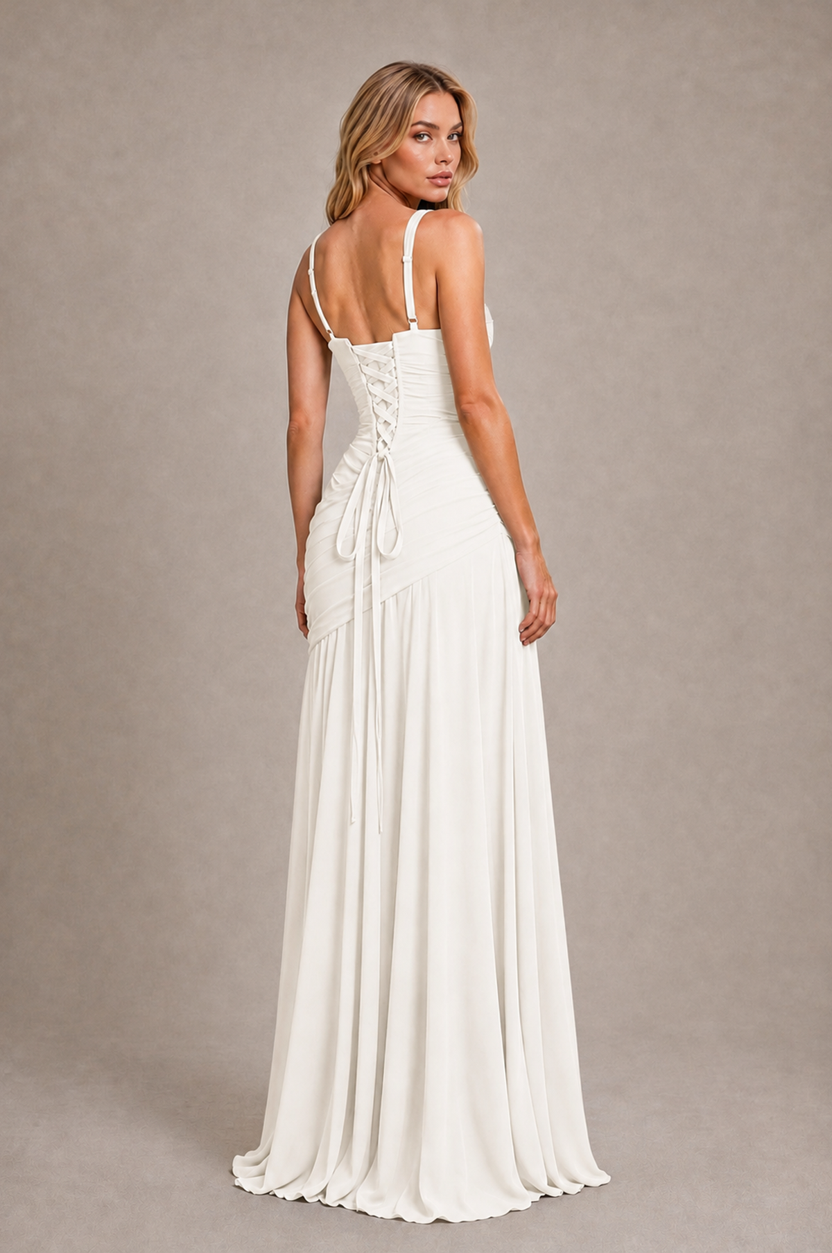 BOLODOO Ivory Spaghetti Strap Ruched Maxi Dress – Formal Evening Gown with Slit - Ivory - Ivory_2