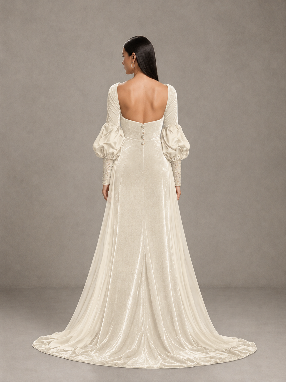 BOLODOO Ivory Velvet Long Sleeve Open-Back Evening Gown - Ivory - Ivory_2