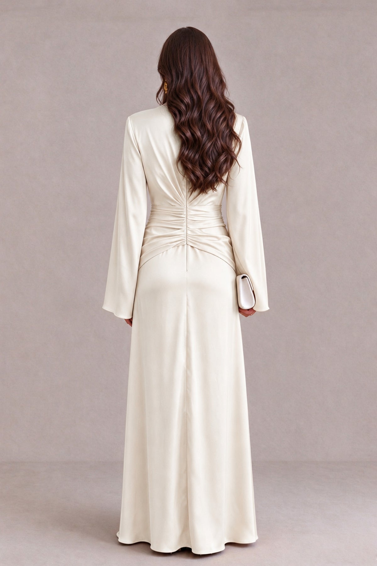 BOLODOO Ivory Yellow Satin-Look V-Neck Long Bell Sleeve Evening Dress - Ivory - Ivory_2