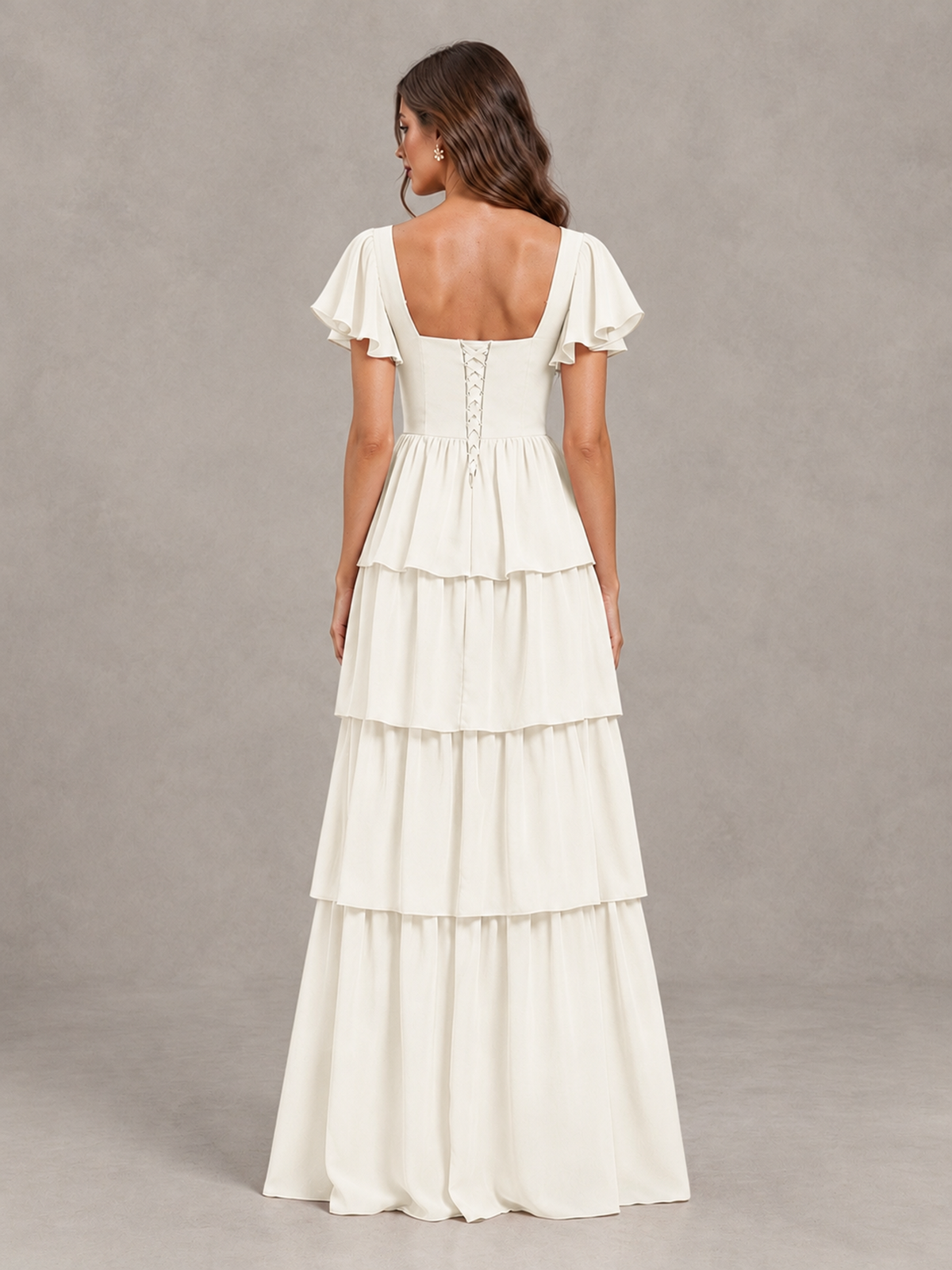BOLODOO Ivory Flutter Sleeve Tiered Maxi Bridesmaid Dress - Ivory - Ivory_2