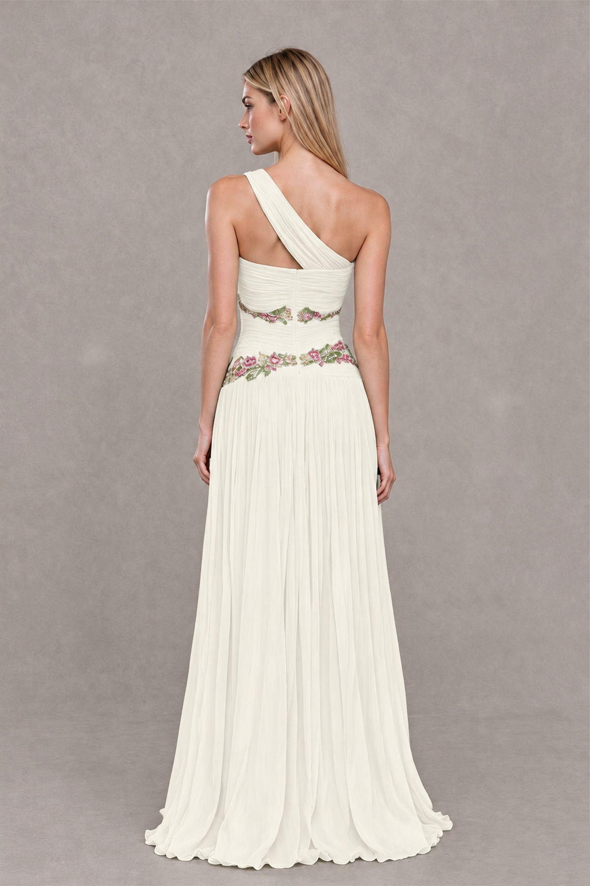 BOLODOO Ivory One-Shoulder Floral Applique A-Line Evening Dress - Ivory - Ivory_2