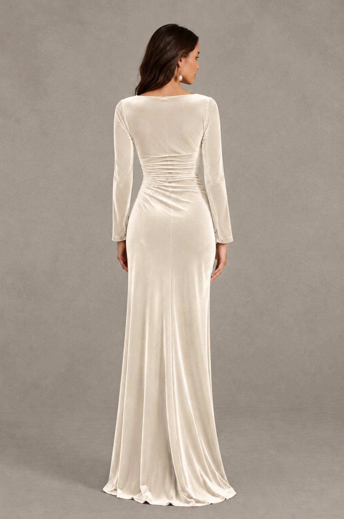 BOLODOO Ivory Long Sleeve V-Neck Ruched Velvet Formal Dress - Ivory - Ivory_2