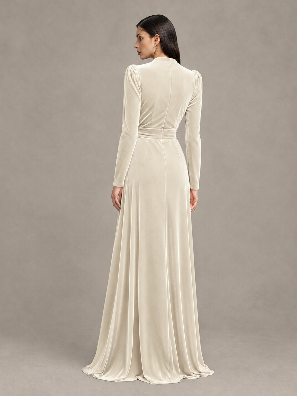 BOLODOO Ivory Long Sleeve Velvet-Look Evening Dress with High Slit - Ivory - Ivory_2