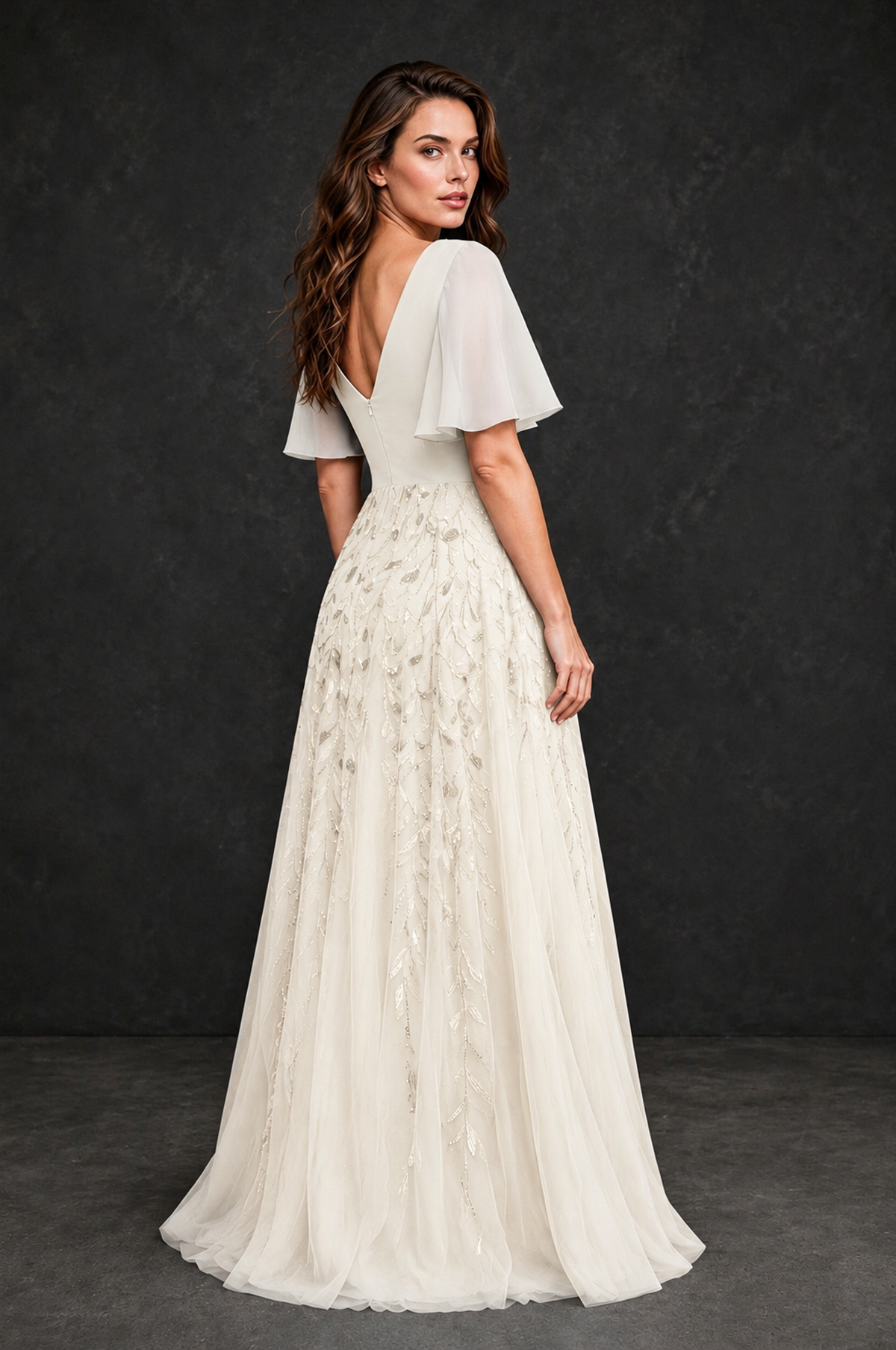 BOLODOO Ivory V-Neck Flutter Sleeve Beaded Botanical Tulle A-Line Gown | Mother of the Bride Evening Dress - Ivory - Ivory_2