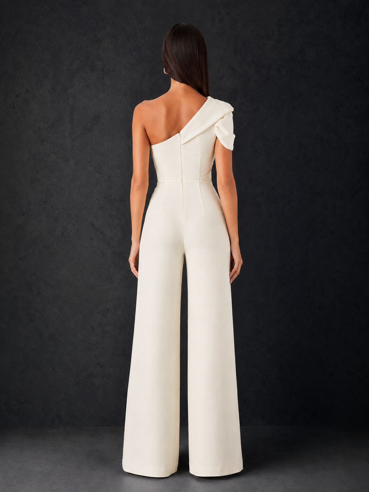 BOLODOO Ivory One-Shoulder Puff Sleeve Wide-Leg Jumpsuit with Front Slit and Open Back - Ivory