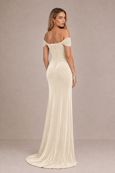 BOLODOO Ivory Velvet Off-Shoulder Ruched High Slit Evening Dress - Ivory - Ivory_2