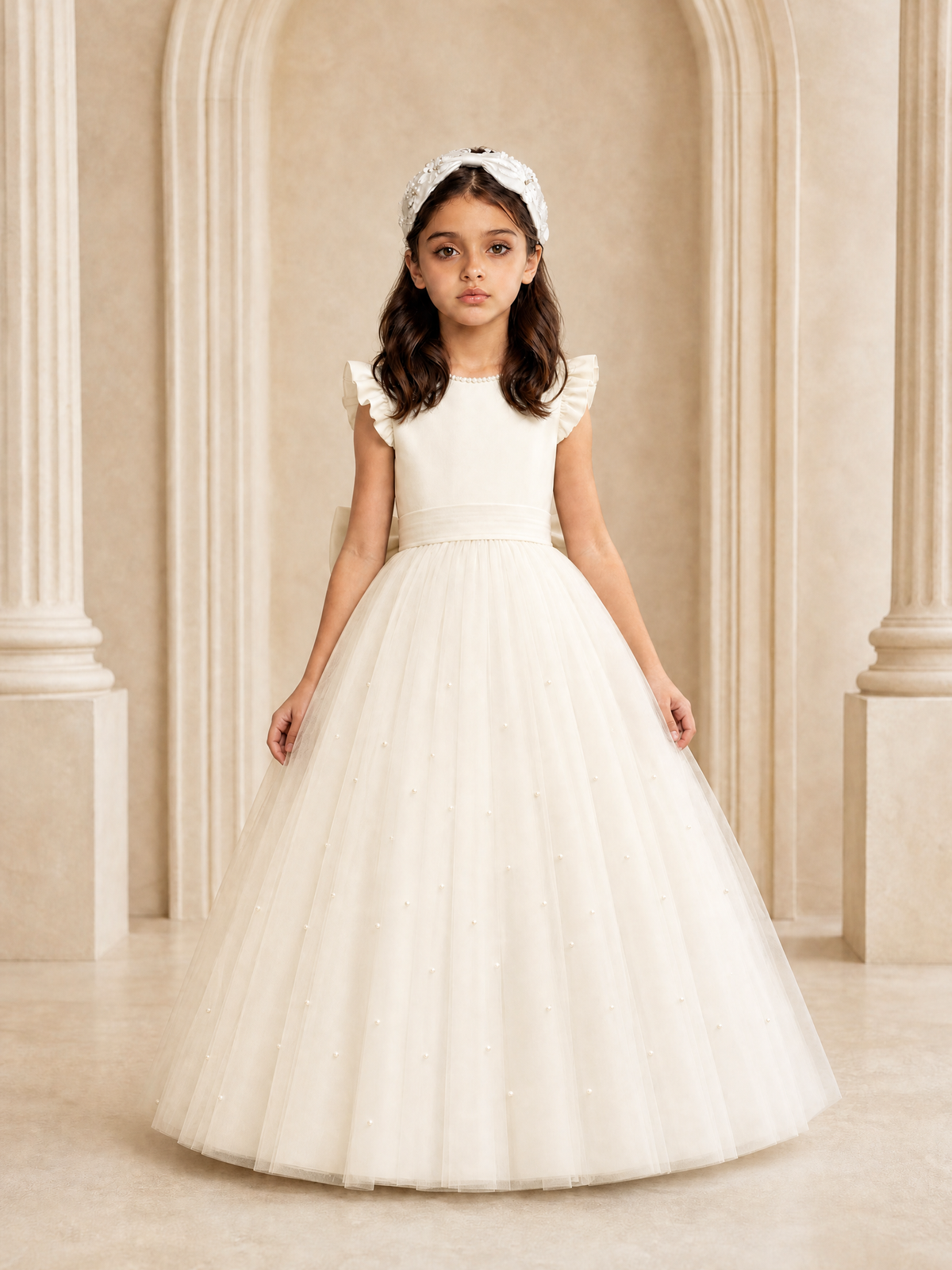 BOLODOO Ivory Tulle Flower Girl Dress with Ruffle Sleeves & Bow Back - Ivory - Ivory_2