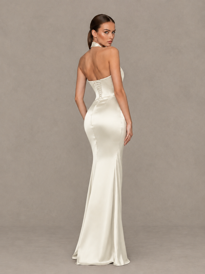 BOLODOO Ivory Cross-Halter Ruched Satin-Look Evening Gown with High Slit - Ivory - Ivory_2