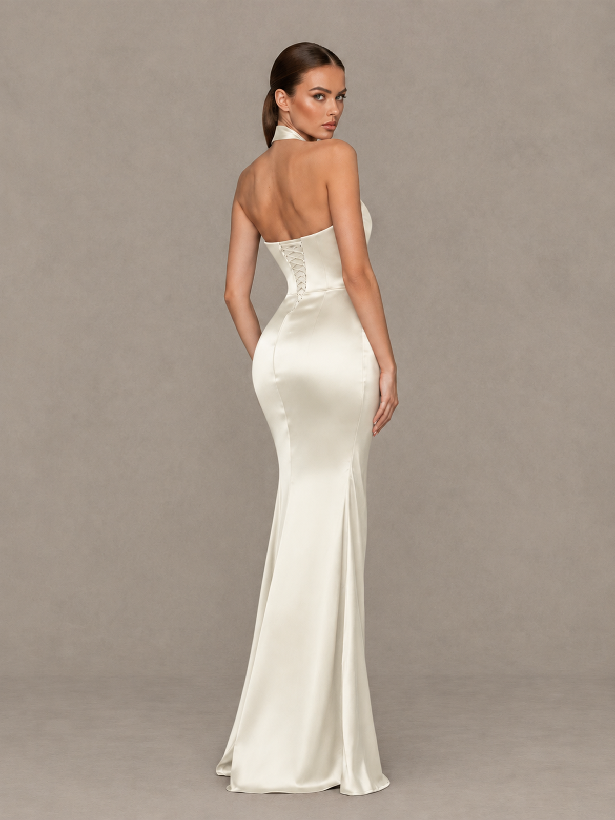 BOLODOO Ivory Cross-Halter Ruched Satin-Look Evening Gown with High Slit - Ivory - Ivory_2