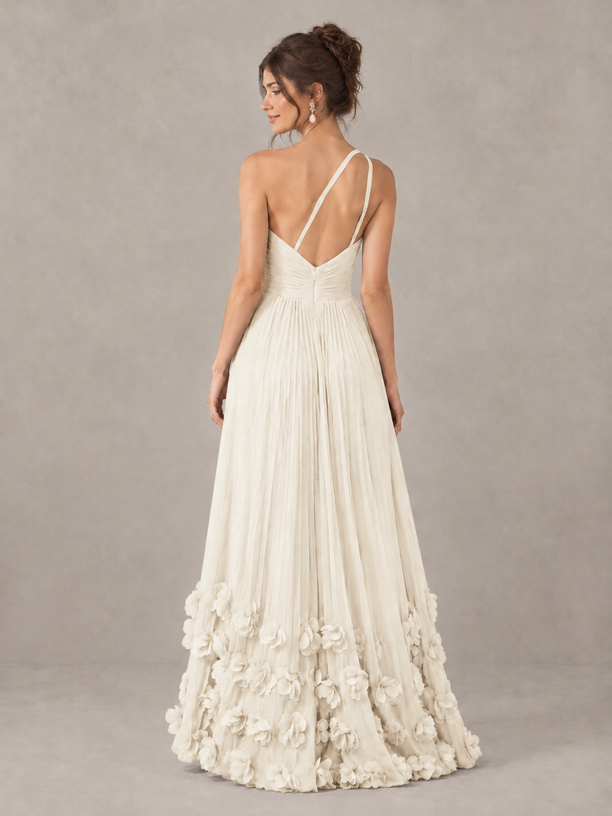 BOLODOO Ivory One-Shoulder Pleated Bridesmaid Dress with 3D Floral Hem - Ivory - Ivory_2