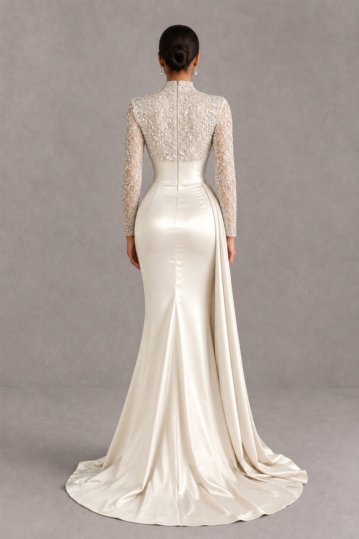 BOLODOO Ivory Long Sleeve Embellished Satin Mermaid Evening Gown - Ivory - Ivory_2