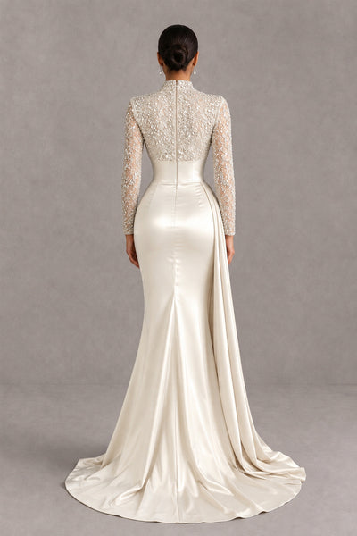 BOLODOO Ivory Long Sleeve Embellished Satin Mermaid Evening Gown - Ivory - Ivory_2