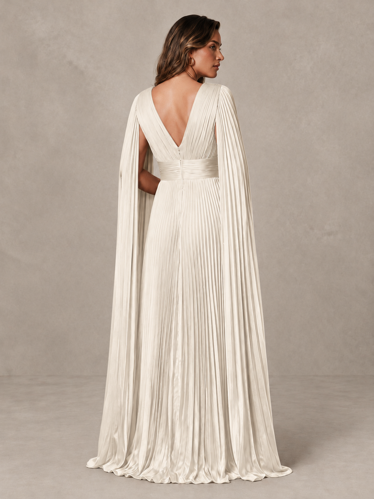 BOLODOO Ivory Deep V-Neck Pleated Cape Sleeve Evening Gown - Ivory - Ivory_2