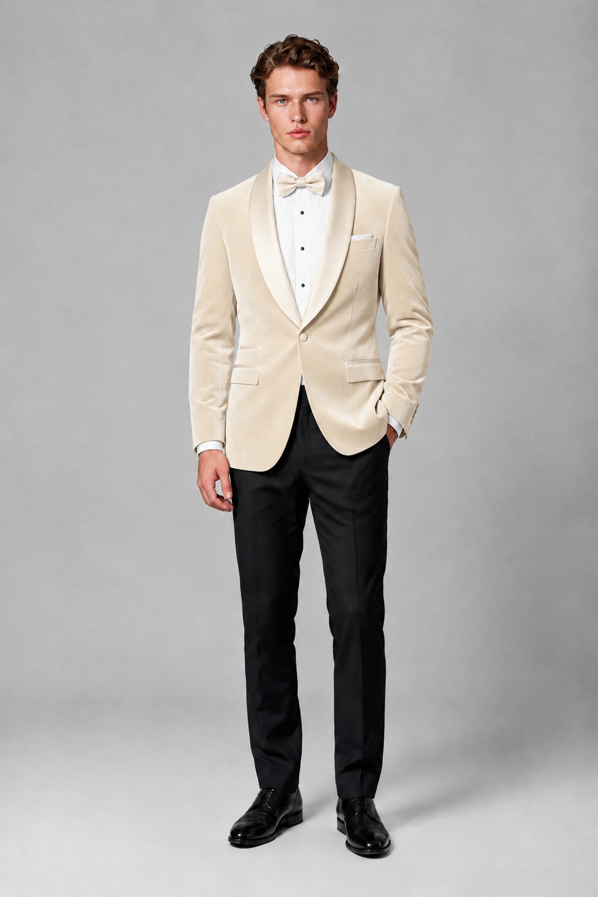 BOLODOO Men's Ivory Velvet Blazer | Shawl Lapel Tuxedo Jacket - Ivory - Ivory_2
