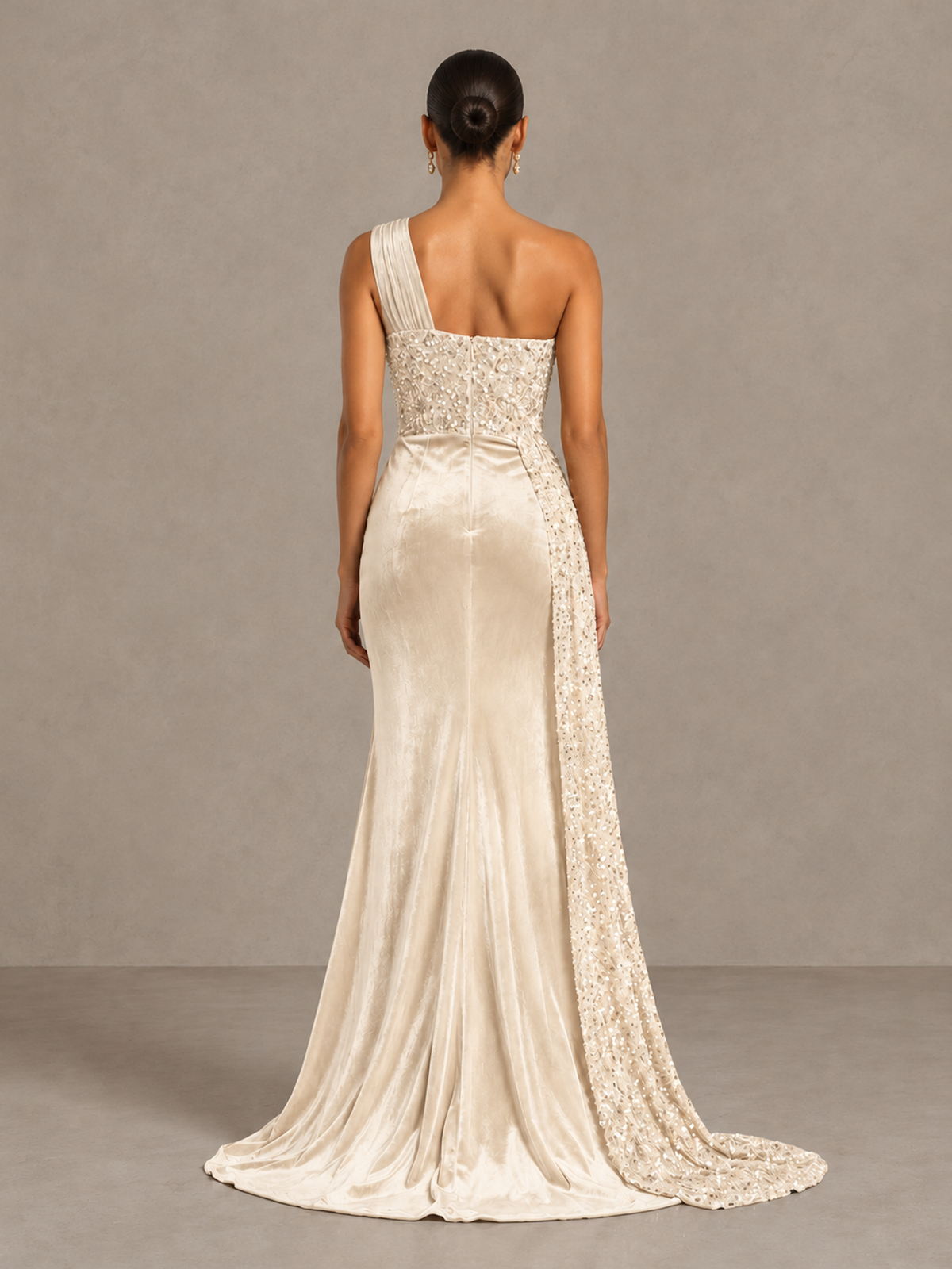 BOLODOO Ivory One-Shoulder Satin Sequin Gown with High Slit - Ivory - Ivory_2