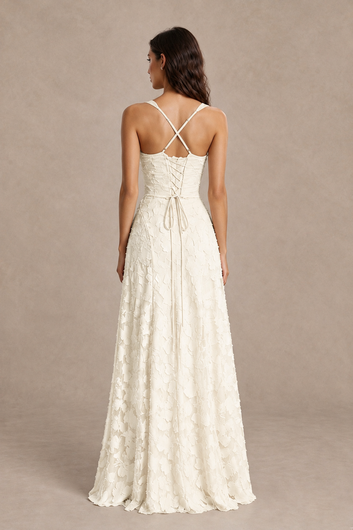 BOLODOO Ivory Floral-Textured A-Line Dress with Lace-Up Back - Ivory - Ivory_2