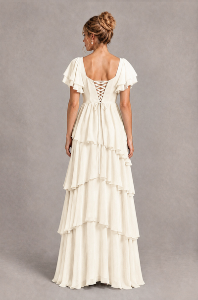 BOLODOO Ivory Square Neck Flutter Sleeve Tiered Chiffon Bridesmaid Dress with Lace-Up Back - Ivory - Ivory_2