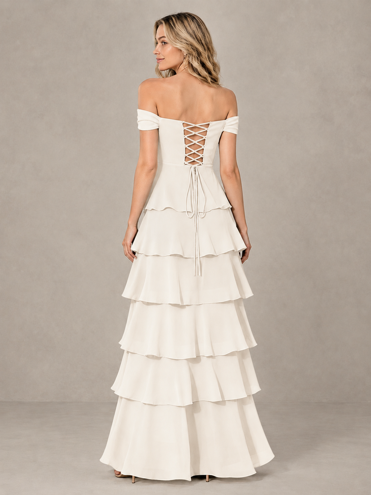BOLODOO Ivory Off-Shoulder Tiered Ruffle Bridesmaid Dress with Lace-Up Back - Ivory - Ivory_2