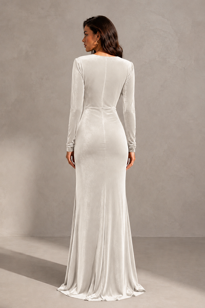 BOLODOO Ivory Velvet Long Sleeve V-Neck Ruched Evening Gown - Ivory
