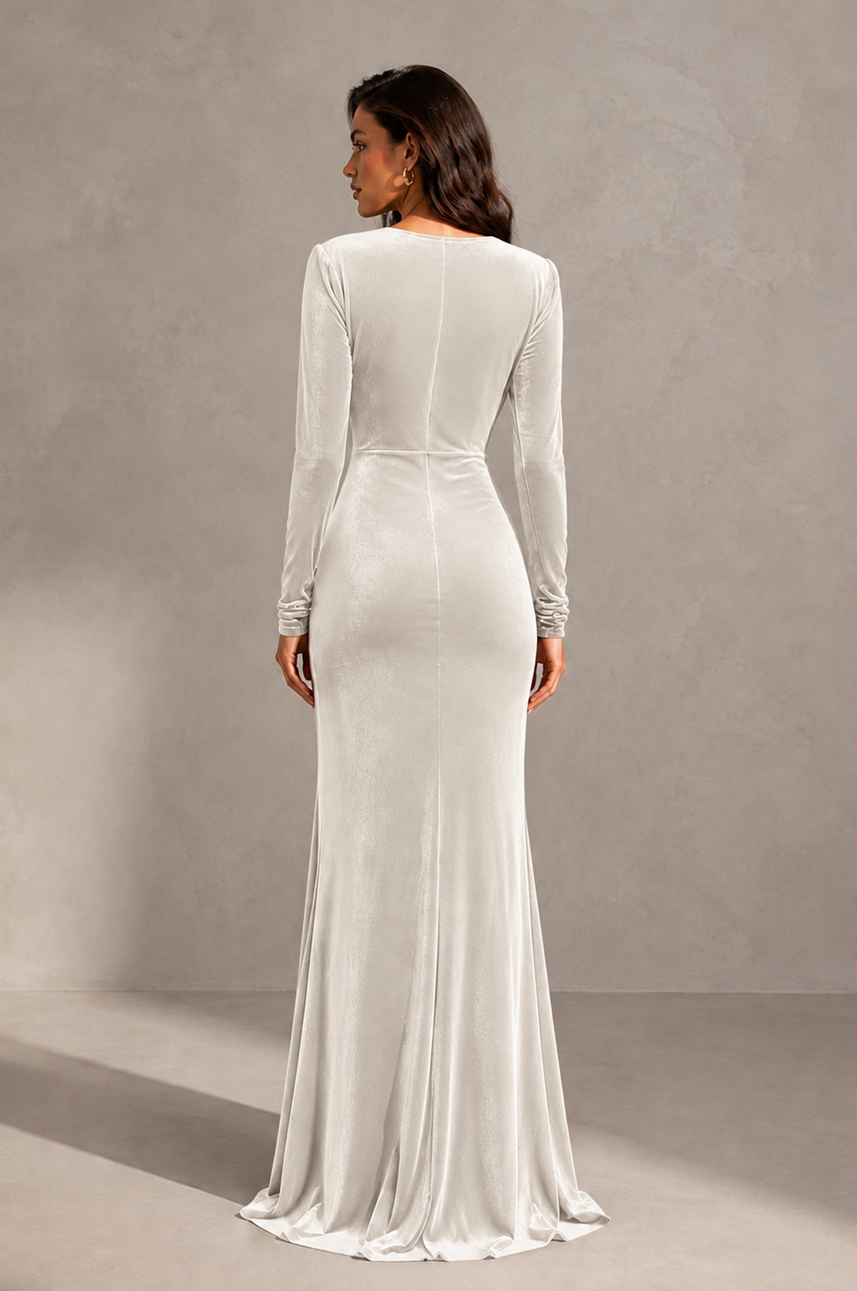 BOLODOO Ivory Velvet Long Sleeve V-Neck Ruched Evening Gown - Ivory