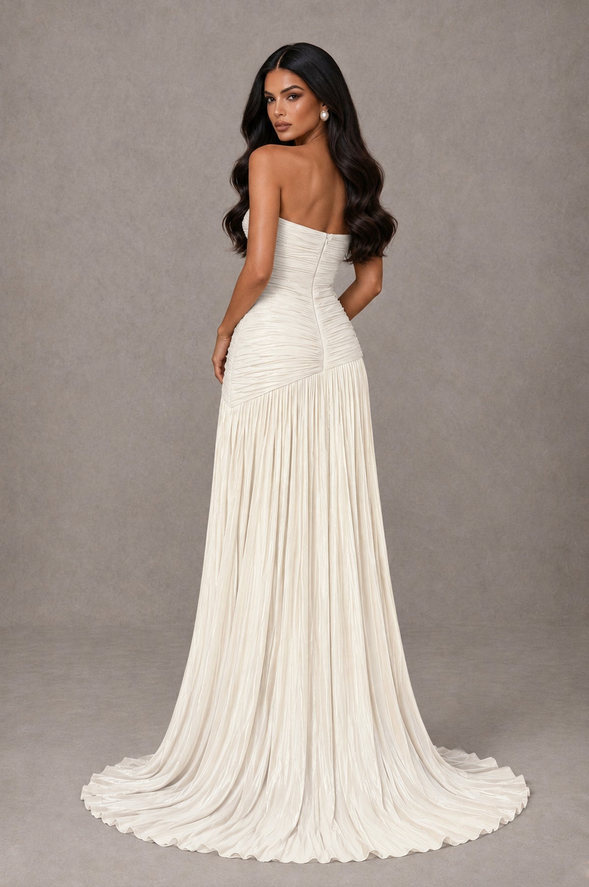 BOLODOO Ivory Metallic Ruched Strapless Pleated A-Line Backless Maxi Dress with Train - Ivory - Ivory_2