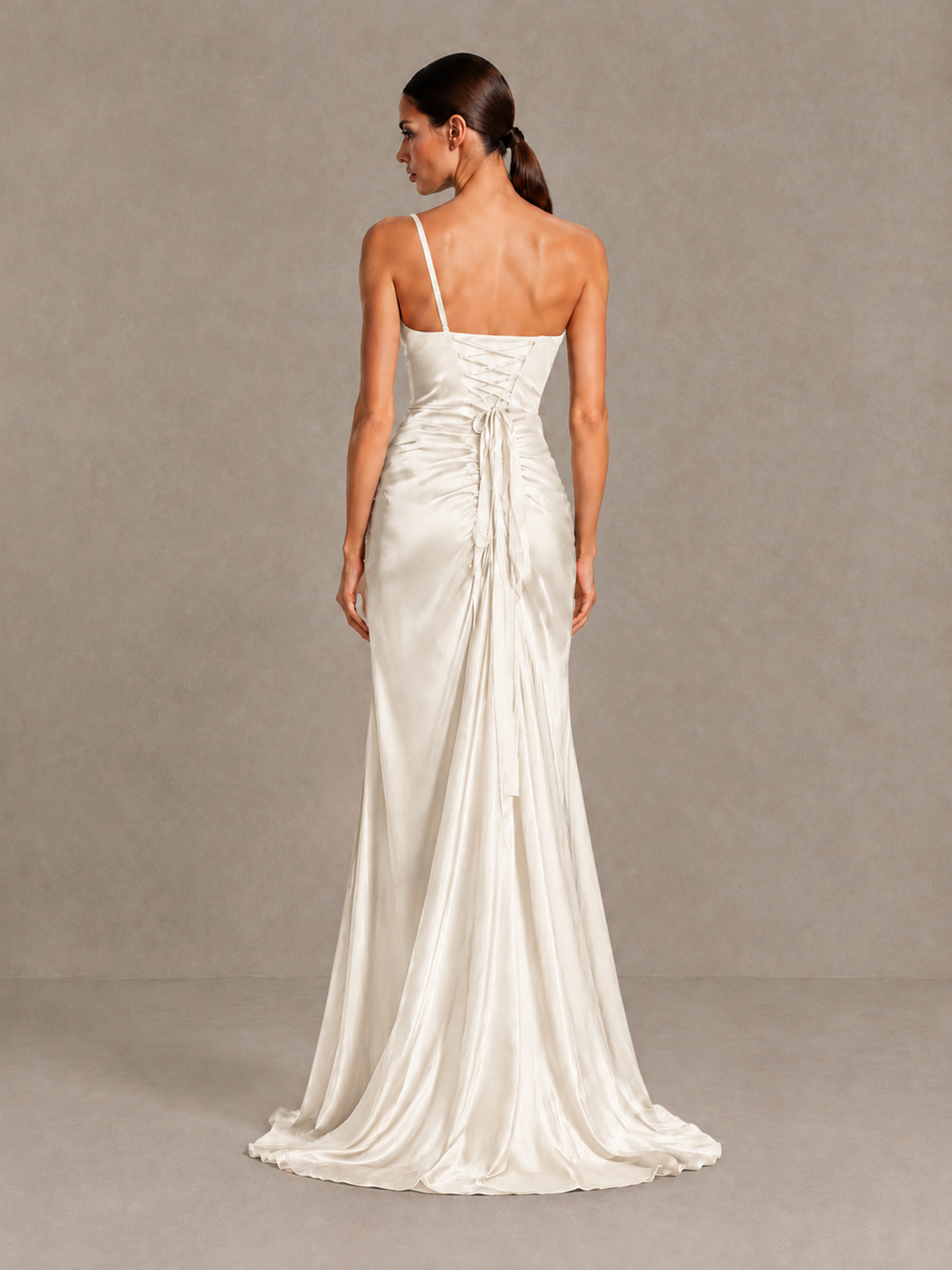 BOLODOO Ivory One Shoulder Satin Evening Gown with High Slit and Sweep Train - Ivory - Ivory_2