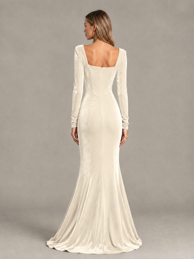 BOLODOO Ivory Velvet-Look Square Neck Long Sleeve Mermaid Evening Dress - Ivory - Ivory_2