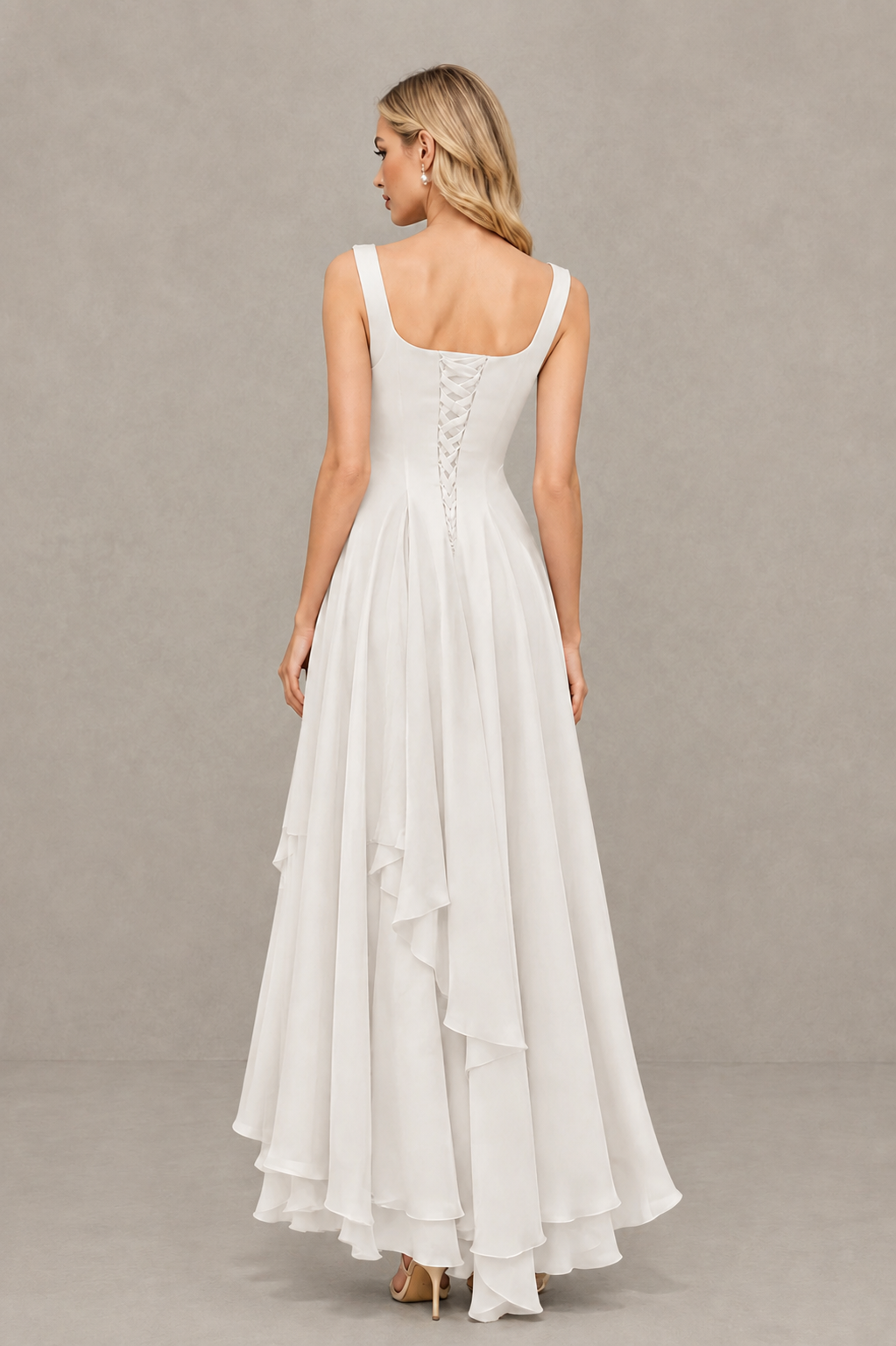 BOLODOO Ivory Square Neck Chiffon Bridesmaid Dress with Lace-Up Back - Ivory