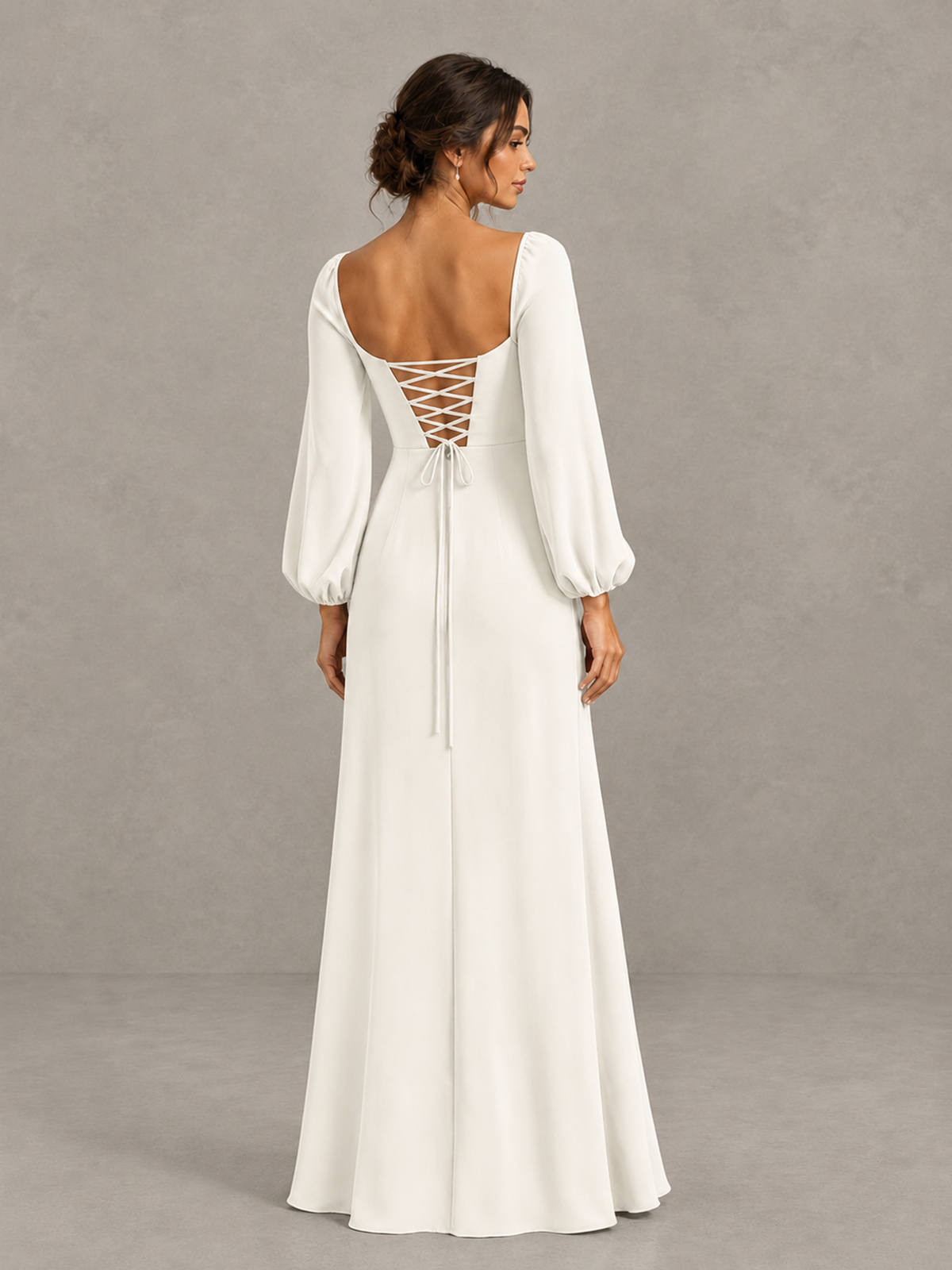 BOLODOO Ivory Square Neck Long Sleeve Bridesmaid Dress with High Slit - Ivory - Ivory_2