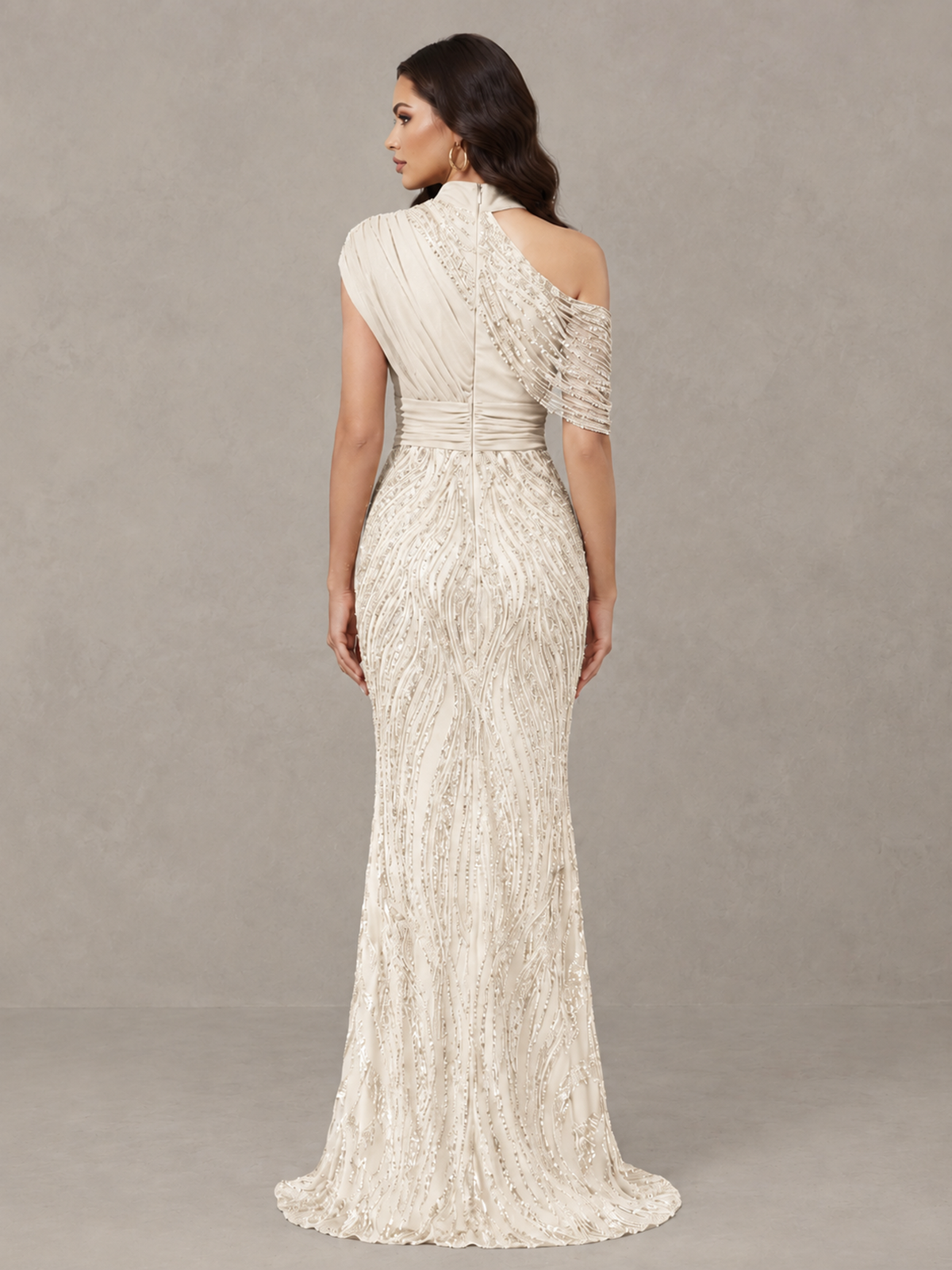 BOLODOO Ivory High Neck Draped Sequin Mermaid Evening Gown - Ivory - Ivory_2