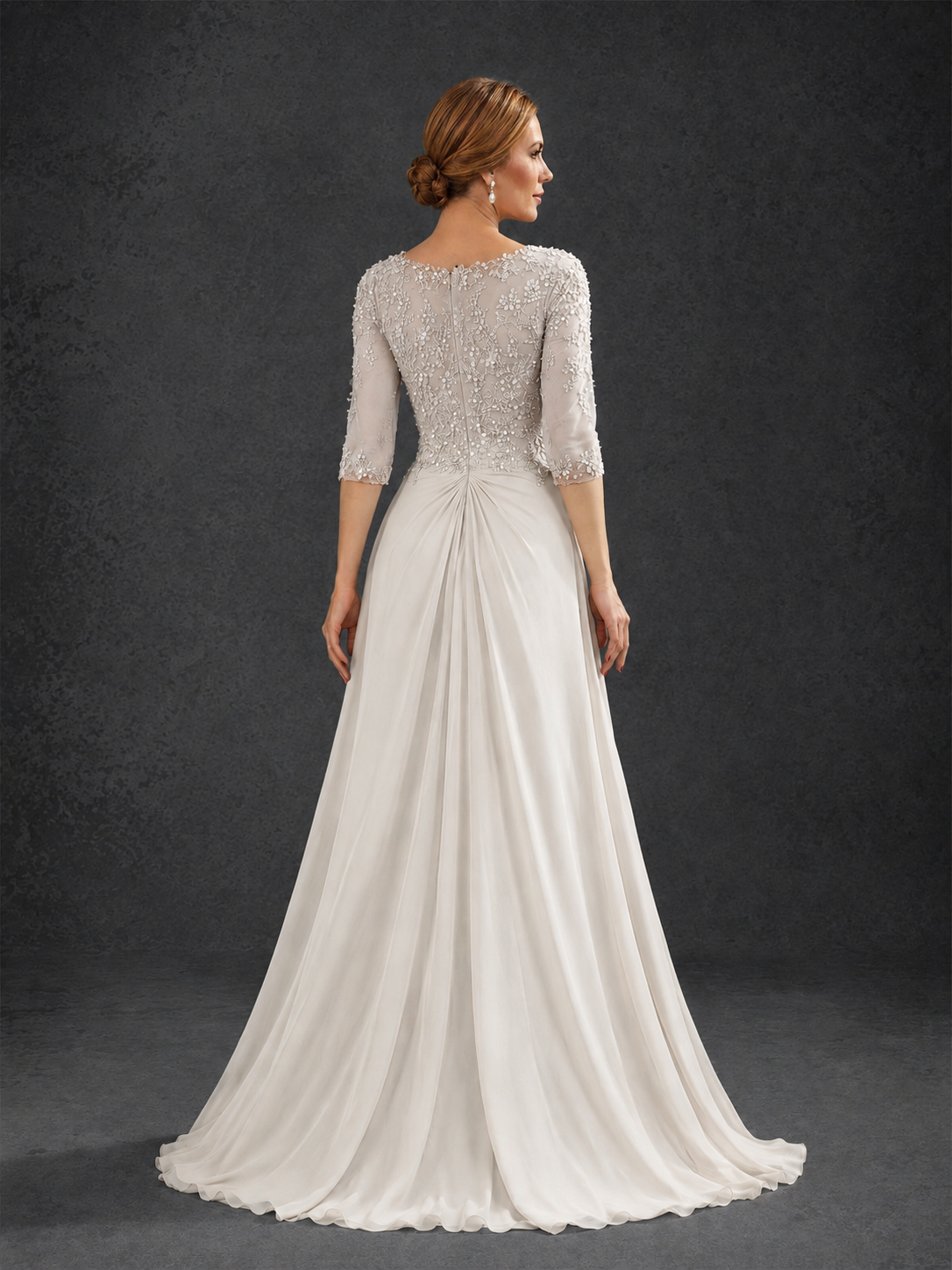 BOLODOO Ivory Sweetheart Neck 3/4 Sleeve Floral Lace Illusion Bodice Chiffon A-Line Gown - Ivory