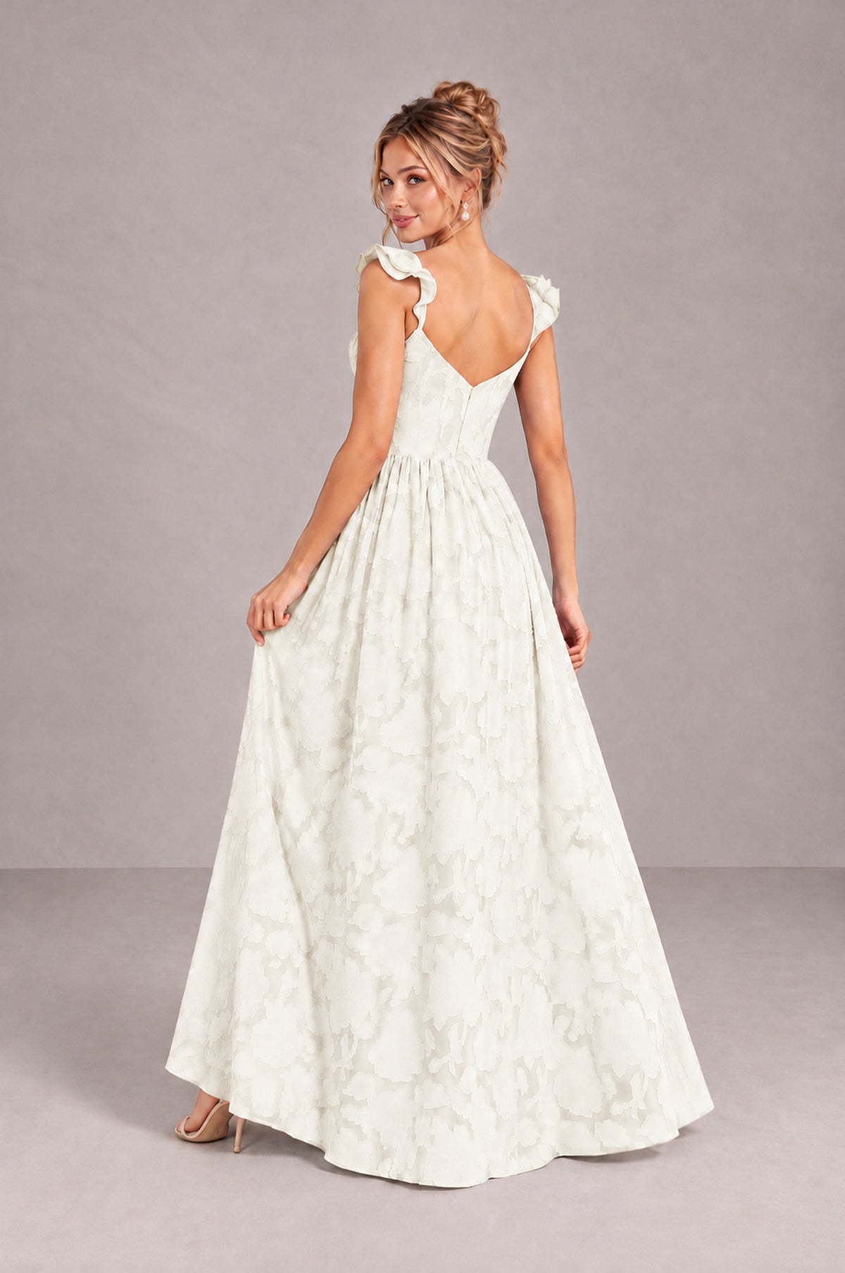 BOLODOO Ivory Floral A-Line Bridesmaid Dress with Slit Ruffle Straps Maxi Gown - Ivory - Ivory_2