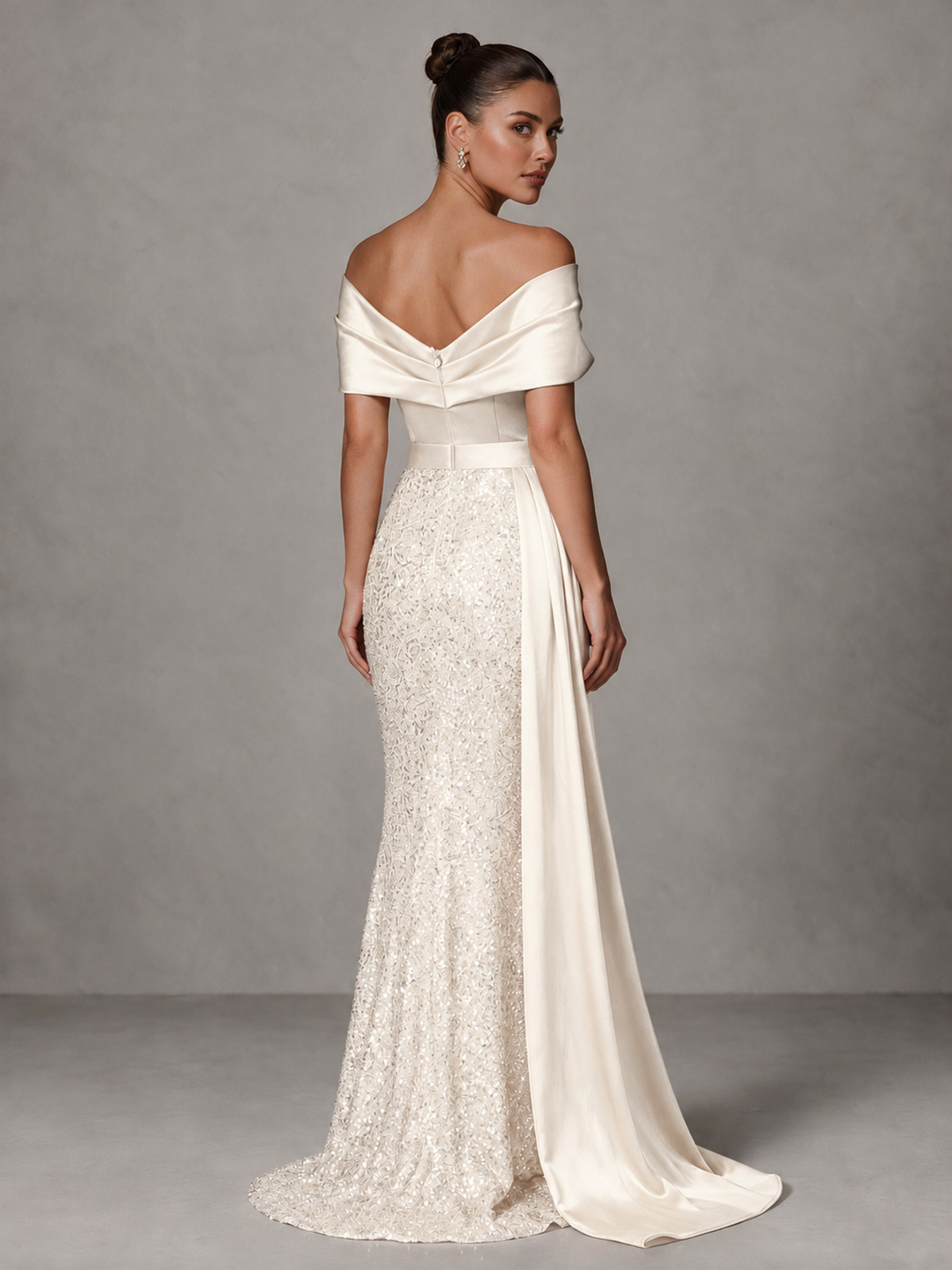 BOLODOO Ivory Sequin Mermaid Evening Dress with Off-Shoulder Satin Drape and Sweep Train - Ivory - Ivory_2